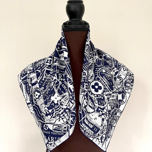 New Louis Vuitton Scarf Luggage Travel Stamps Blue Silk Wrap - Picture 3 of 14
